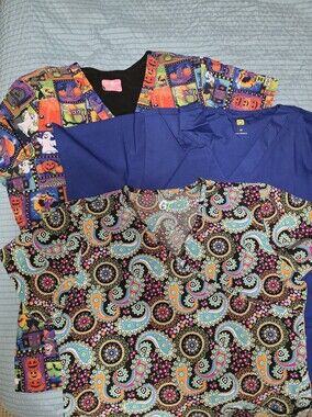 3pc Bundle Colorful Medical Scrub Tops - Paisley, Halloween & Solid Blue